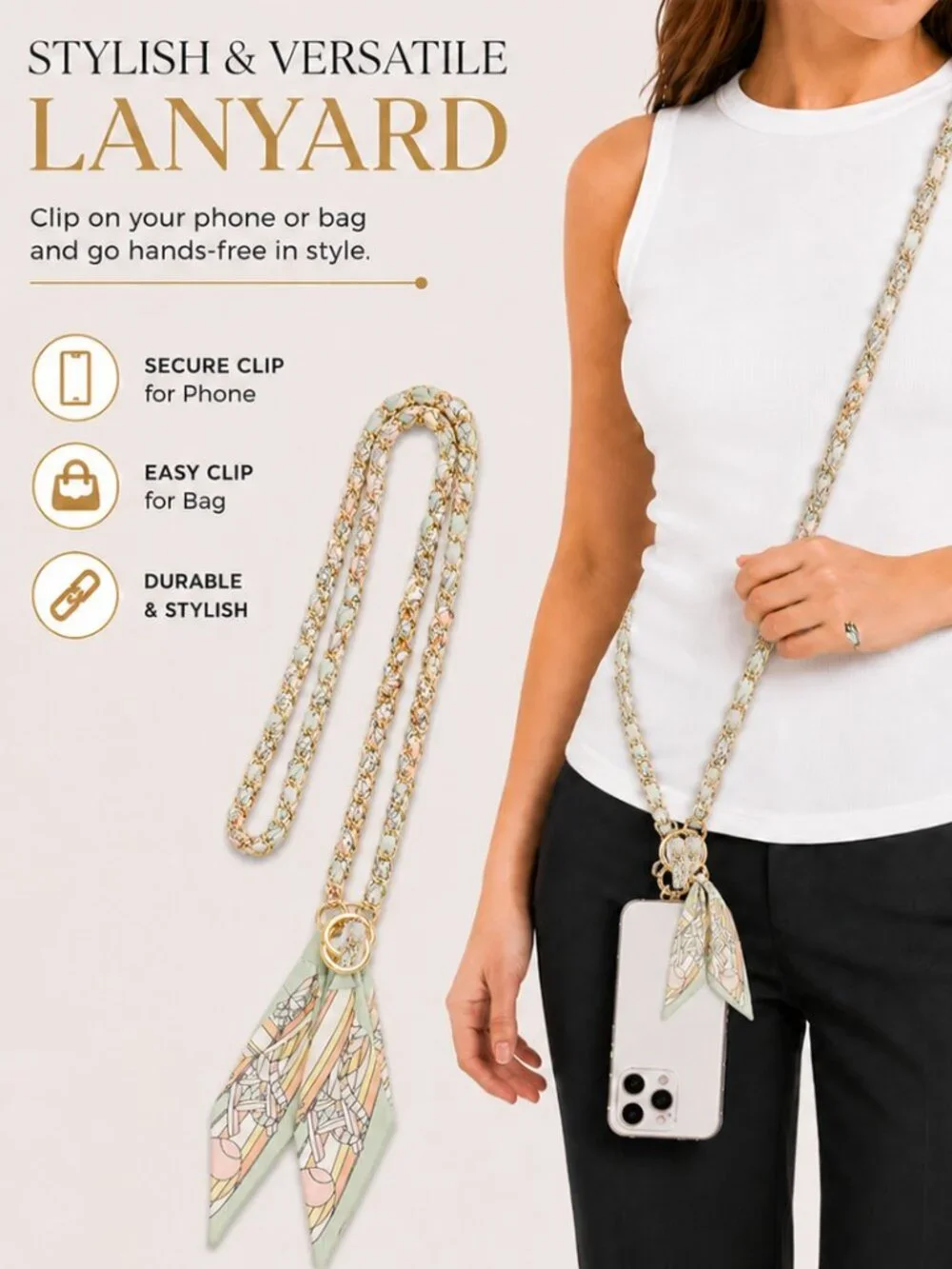 Ribbon Chain Phone Crossbody Lanyard with clear Tether Patch